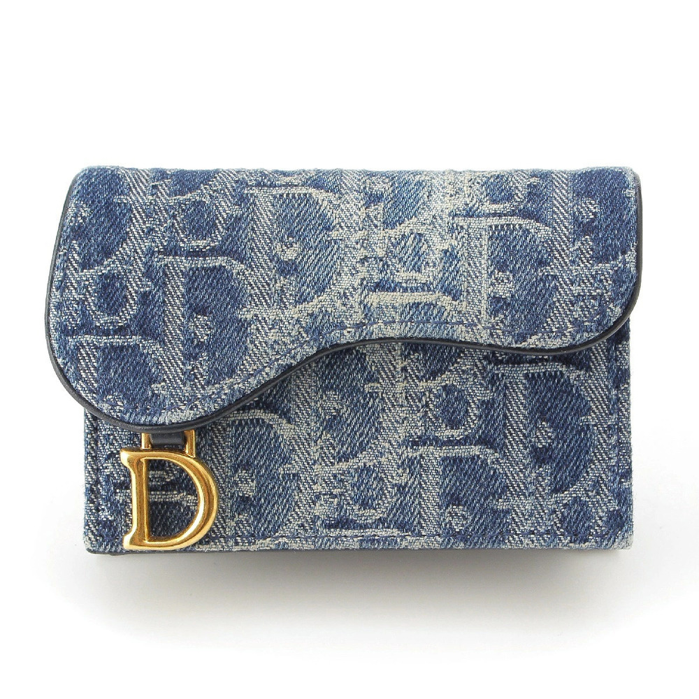 Christian Dior Denim Saddle Oblique Flap Card Case Business Indigo Blue